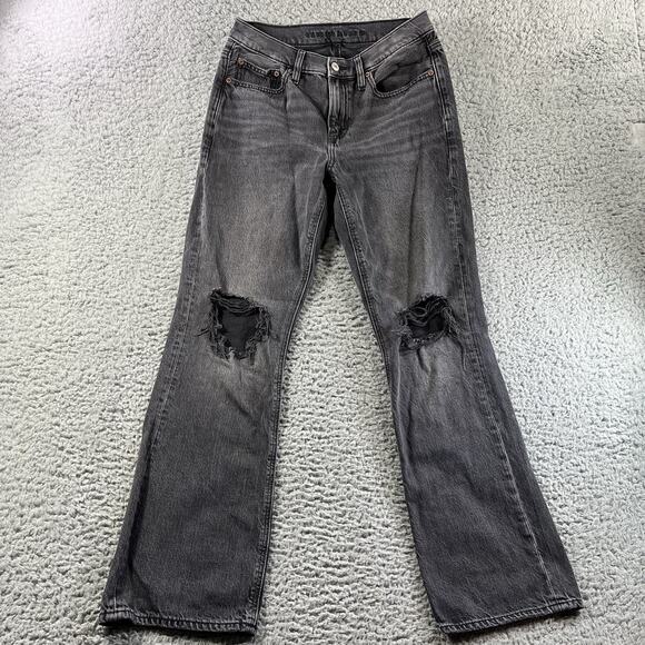 AMERICAN EAGLE 90s BOOTCUT JEANS WOMENS 2 BLACK DISTRESSED 28” WAIST 29” INSEAM - Picture 1 of 15
